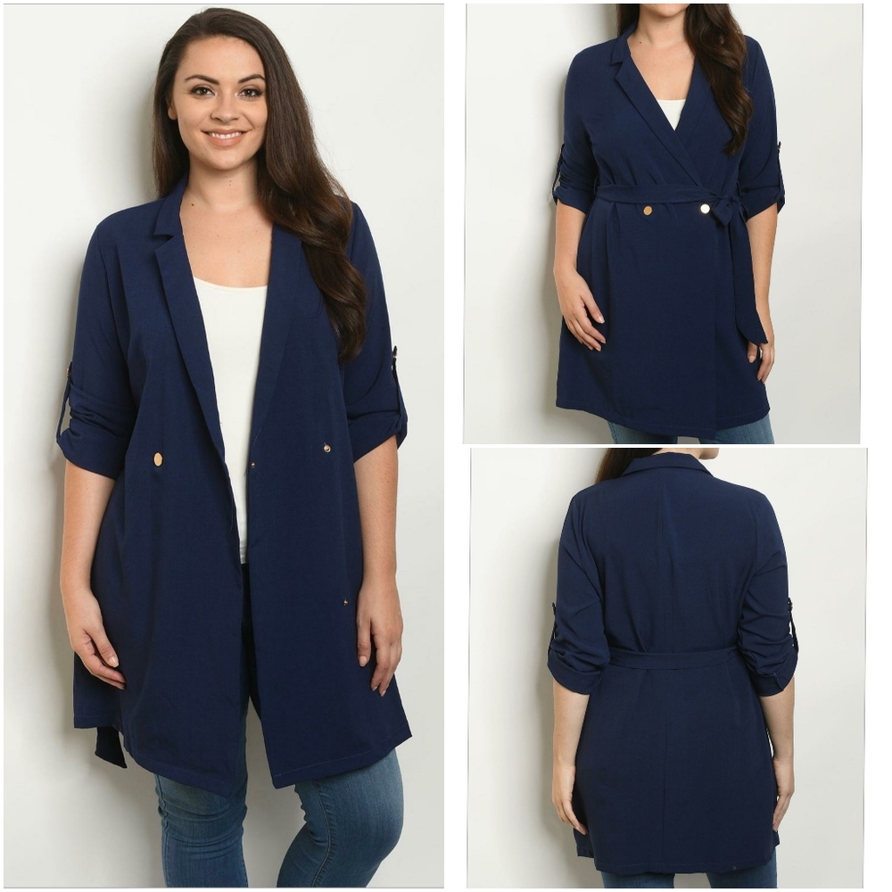 SHOP THE TRENDS Plus Size Navy Light Trench Coat - Picture 4 of 4
